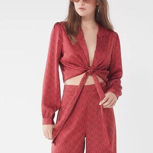 Urban Outfitters Satin Paisley Tie-Front Top, Size Medium, Red